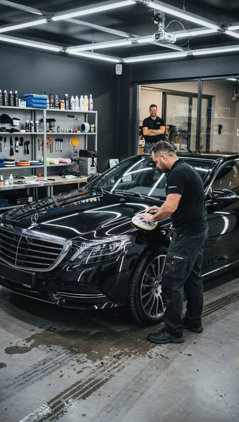 Mechaniker überprüft sorgfältig den Motor eines hochwertigen Fahrzeugs in einer sauberen Servicewerkstatt.